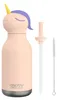 A pink unicorn-themed insulated water bottle with a straw and a cleaning brush, presented on a white background. Anteprima dell’immagine prodotto