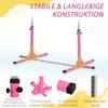 A pink gymnastics bar stand with close-up diagrams of its features. Produktbild-Vorschau