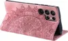 A pink flip case for a Samsung Galaxy S24 Ultra phone, with a mandala pattern embossed on the cover. Produktbild-Vorschau