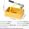 A yellow hydrostatic test pump with a black handle and a yellow hose, shown with dimensions and specifications overlaid. Produktbild-Vorschau