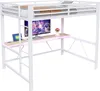 A white metal loft bed with an integrated L-shaped desk and LED lighting. Produktbild-Vorschau