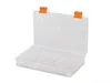 An open, clear plastic storage box with multiple compartments and orange clasps, shown against a white background. Voir les images du produit