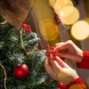 Hands decorating a Christmas tree with red berries and a red ornament, with bokeh lights in the background. Podgląd zdjęcia produktu