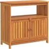 A wooden console table with two doors and an open shelf above. Produktbild-Vorschau