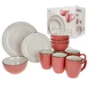 A product shot of a 16-piece dinnerware set, including plates, bowls, and mugs, with a box in the background showing product images. Produktbild-Vorschau