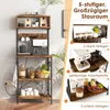 A multi-shelf kitchen storage unit with various kitchen items displayed on it, presented in a collage format with descriptive text. Produktbild-Vorschau