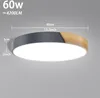 A modern LED ceiling light with a gray and wood finish is shown against a plain gray background, with dimensions indicated. Voir les images du produit