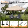 A taupe pop-up canopy tent set up in a grassy outdoor area with chairs and a table underneath. The image highlights features like enlarged footpads, extra-long stakes, and strong windproof rope. Produktbild-Vorschau