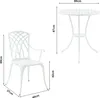 A white metal bistro set consisting of a round table and two chairs, with dimensions indicated by measurement lines and text. Produktbild-Vorschau