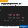 A close-up of an induction cooktop's control panel with digital displays and touch controls, along with marketing text and a brand logo. Produktbild-Vorschau