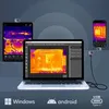 A laptop, tablet, and smartphone are displayed, all showing thermal imaging. A USB-C thermal camera is connected to the laptop. Voir les images du produit