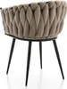 Rear view of a beige upholstered dining chair with a woven backrest and black legs. Podgląd zdjęcia produktu