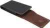 A black leather vertical holster with a brown suede interior, shown open against a white background. Produktbild-Vorschau