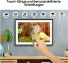 A digital photo frame displaying a child's photo, with icons for various functions above it. Produktbild-Vorschau