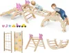 A collage of images showing a wooden indoor climbing set for children, including a ramp, slide, climbing arch, net, and a rocking balance board. Two children are shown playing on the climbing set in the main image. Voir les images du produit