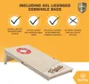 A cornhole board is shown with promotional text and icons above it. Produktbild-Vorschau