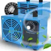 Two blue ozone generators are shown in a studio setting with a white background. Green leaves are scattered around the generators, and blue wavy lines suggest airflow. Produktbild-Vorschau