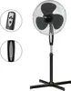 A black and silver stand fan with a remote control shown in inset circles. Náhled obrázku produktu