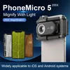 A product image showcasing a phone microscope attachment, with magnified images of a leaf and fibers displayed on phone screens. Produktbild-Vorschau
