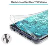 A clear phone case is shown being placed onto a smartphone with a water bubble background. A small circular graphic on the bottom left shows the flexibility of the case. Produktbild-Vorschau