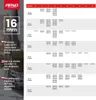 A size chart for AMiO snow chains, showing different chain models and compatible tire sizes across various rim diameters. Podgląd zdjęcia produktu