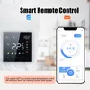 A smart thermostat and a smartphone displaying a smart thermostat app. Produktbild-Vorschau