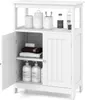 A white wooden bathroom cabinet with its doors open, displaying shelves with towels and soap dispensers. Náhled obrázku produktu