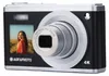 A close-up studio shot of a black digital camera with silver accents, displaying a sample photo on its screen. Náhľad obrázku produktu