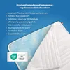 A close-up view of a mattress topper with a blue gel foam layer and a white quilted cover, with descriptive text and certification logos. Produktbild-Vorschau
