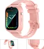 A pink smartwatch with a colorful digital display and a textured band, shown from a slightly angled front view. The image includes smaller inset views of the watch from different angles, one showing the watch face with icons and another showing the chargin Produktbild-Vorschau