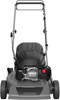 A front view of a gray gasoline-powered lawnmower on a white background. Produktbild-Vorschau