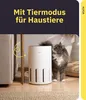 A cat stands next to a white air purifier in a living room setting. Produktbild-Vorschau