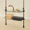 A telescoping garment rack with two wire shelves holding various items. Náhľad obrázku produktu