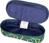 An open pencil case with a green and yellow geometric pattern on the outside and a blue interior. Produktbild-Vorschau