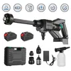 A collection of items related to a cordless pressure washer, including the main unit, batteries, accessories, and a charger. Produktbild-Vorschau