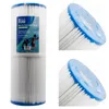 A collage of images showing spa filter cartridges. The main image on the left shows two stacked filter cartridges, one with a label. The two smaller images on the right are close-ups of the top of the filter cartridges. Produktbild-Vorschau