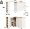 A diagram showing the dimensions of a white kitchen island with a wooden countertop. The diagram includes multiple views and measurements. Produktbild-Vorschau