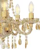 A close-up view of a gold chandelier with crystal and amber-colored pendants and clear light bulbs. Anteprima dell’immagine prodotto