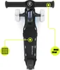 Top-down view of a black 3-wheeled children's scooter with illuminated wheels and deck. Anteprima dell’immagine prodotto
