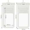 Two white waterproof phone cases are shown side-by-side with measurement lines and text indicating dimensions. Produktbild-Vorschau
