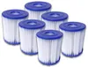 A group of six white and blue swimming pool filter cartridges are arranged in a cluster on a white background. Produktbild-Vorschau