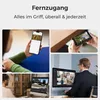 A collage of images showing different ways to use and view security cameras, including on a phone, computer, and in a home setting. Produktbild-Vorschau