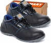 A pair of black work boots with blue accents and a cardboard box in the background. Produktbild-Vorschau