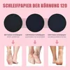 Collage demonstrating different grit levels of foot file sandpaper and their corresponding effects on foot skin. Produktbild-Vorschau