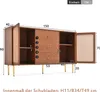 A diagram showing the dimensions of a wooden sideboard with rattan detailing. Produktbild-Vorschau