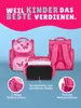A marketing image showcasing pink children's backpacks with butterfly motifs, along with close-up feature callouts. Produktbild-Vorschau