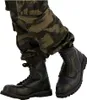 A close-up shot of a person wearing camouflage pants and black combat boots. Produktbild-Vorschau