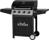 A black gas grill with side shelves and a black cover with the BIGHORN logo. Produktbild-Vorschau