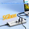 A USB-C hub is connected to a laptop, with text overlays highlighting speed. Produktbild-Vorschau
