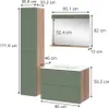 A diagram showing the dimensions of a bathroom vanity set, including a tall cabinet, a vanity with drawers, and a mirror with a shelf. Anteprima dell’immagine prodotto